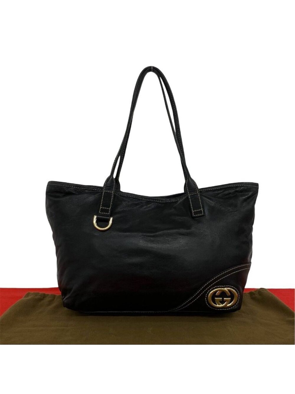 Gucci New Brit GG Logo Leather Shoulder Bag Tote Black